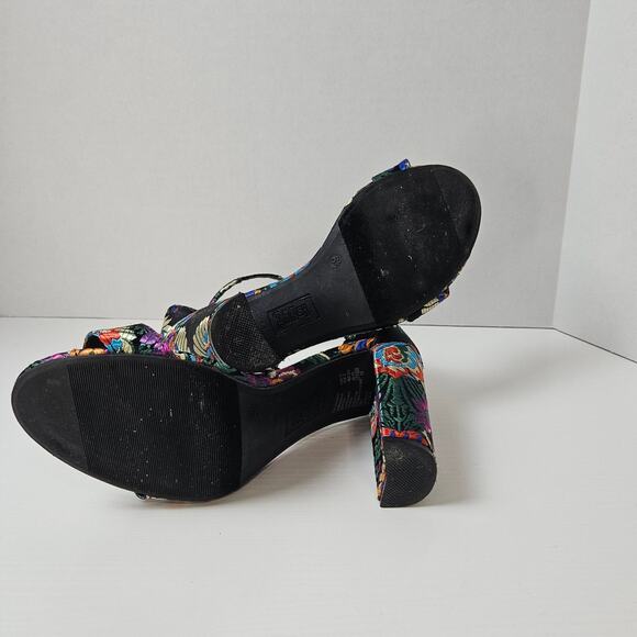 Brash Black Metallic Floral Brocade Print Open Toe Sandal Chunky Heal Size 6.5 - Picture 6 of 6